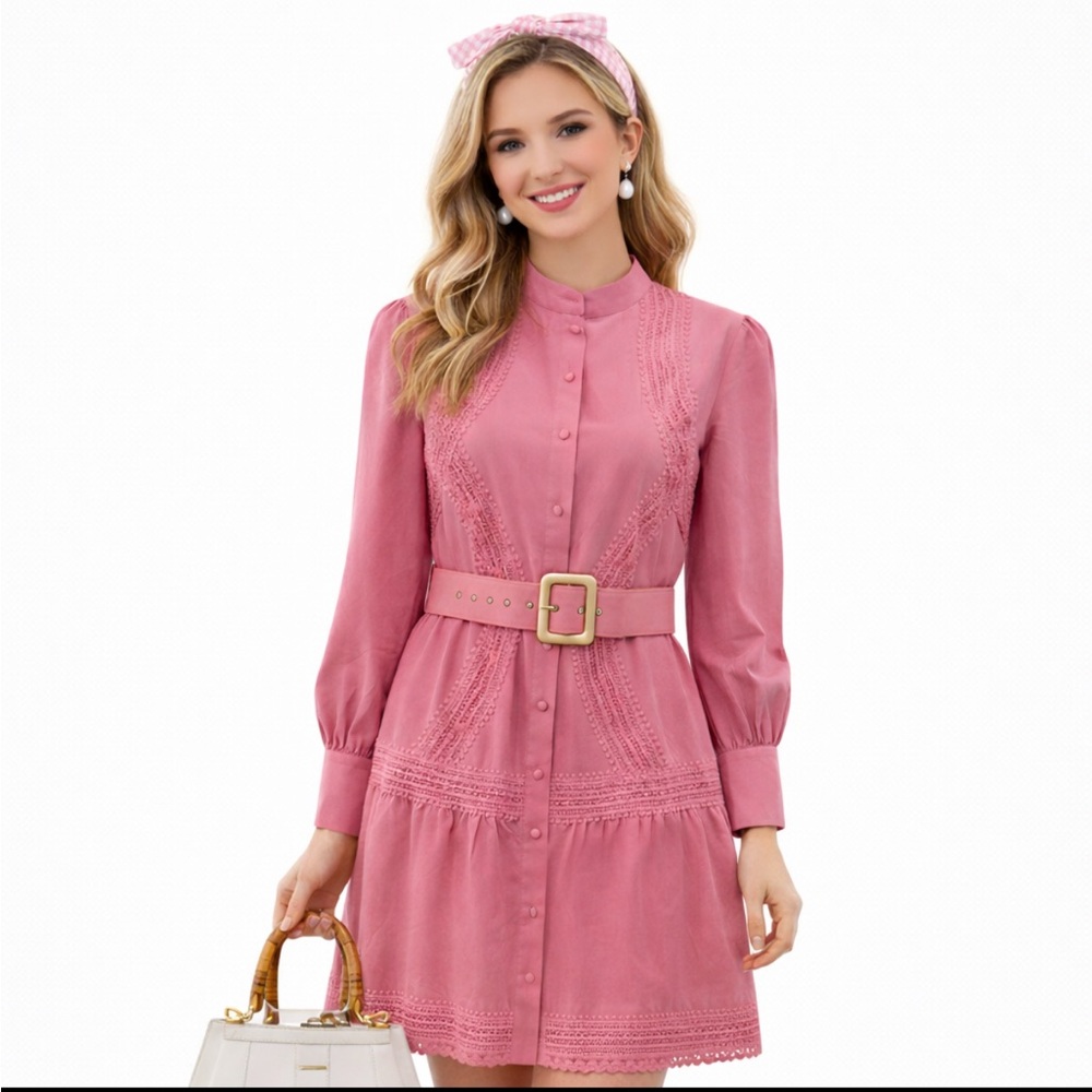 Simplee Pink Lace-Trim Belted Midi Dress – Size L